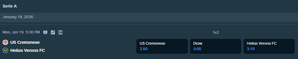 cremonese and verona match betting odds